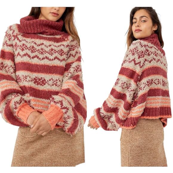 Free People Check Me Out Distressed Pullover Sweater In Burgundy Combo Size S - Picture 1 of 15